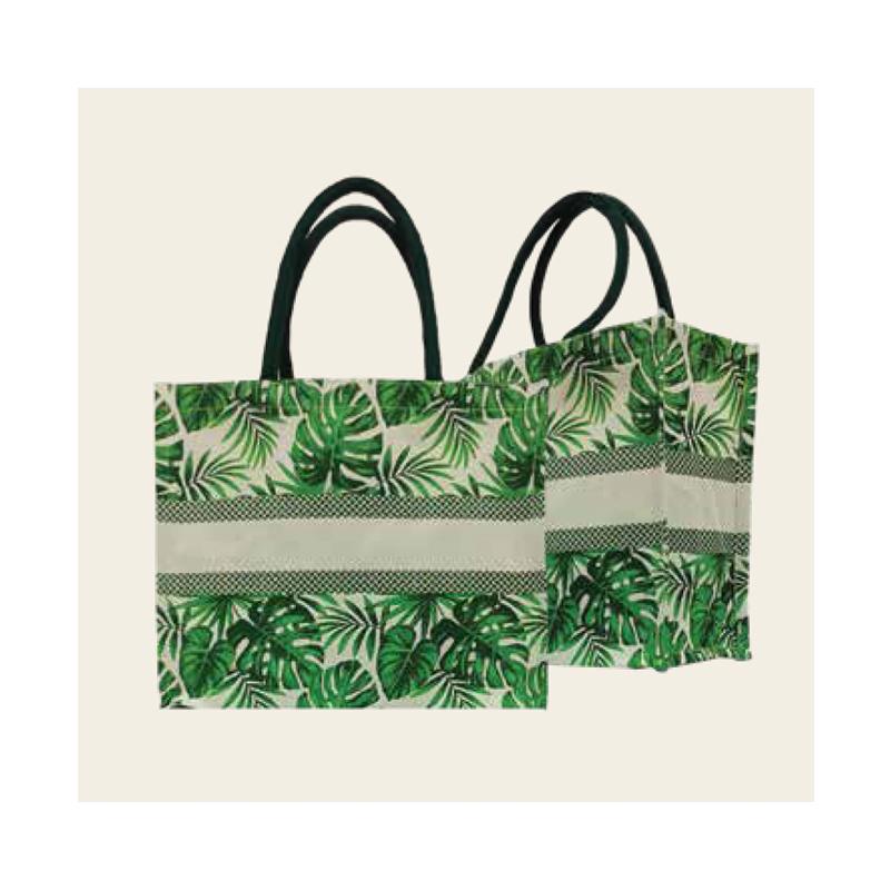 Green Leaf Print - Printed Cotton Bag With Inner Lamination &  Magnetic Closure With Logo